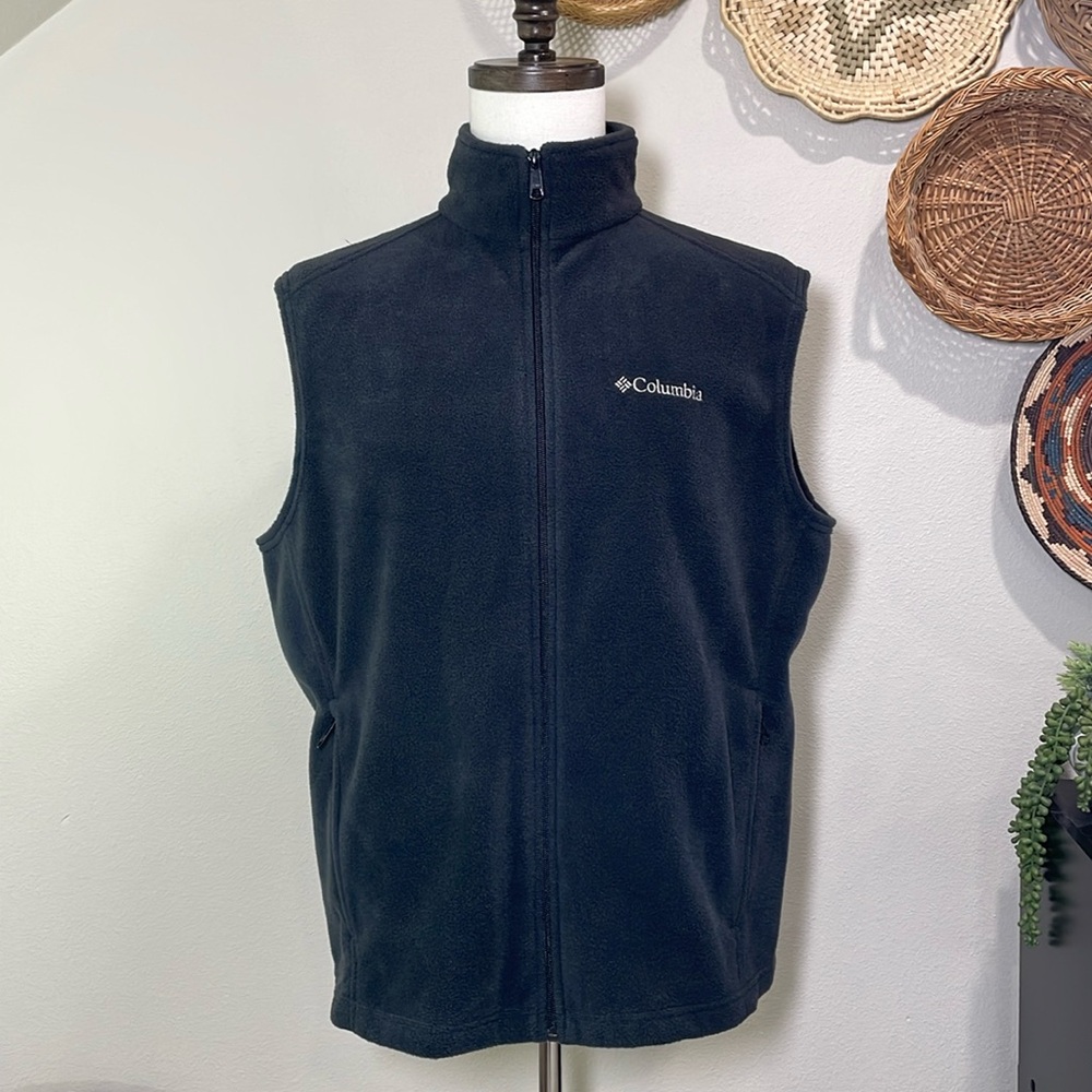 Columbia Fleece Sweater Vest Black White Logo Full Zip Men’s Size Large